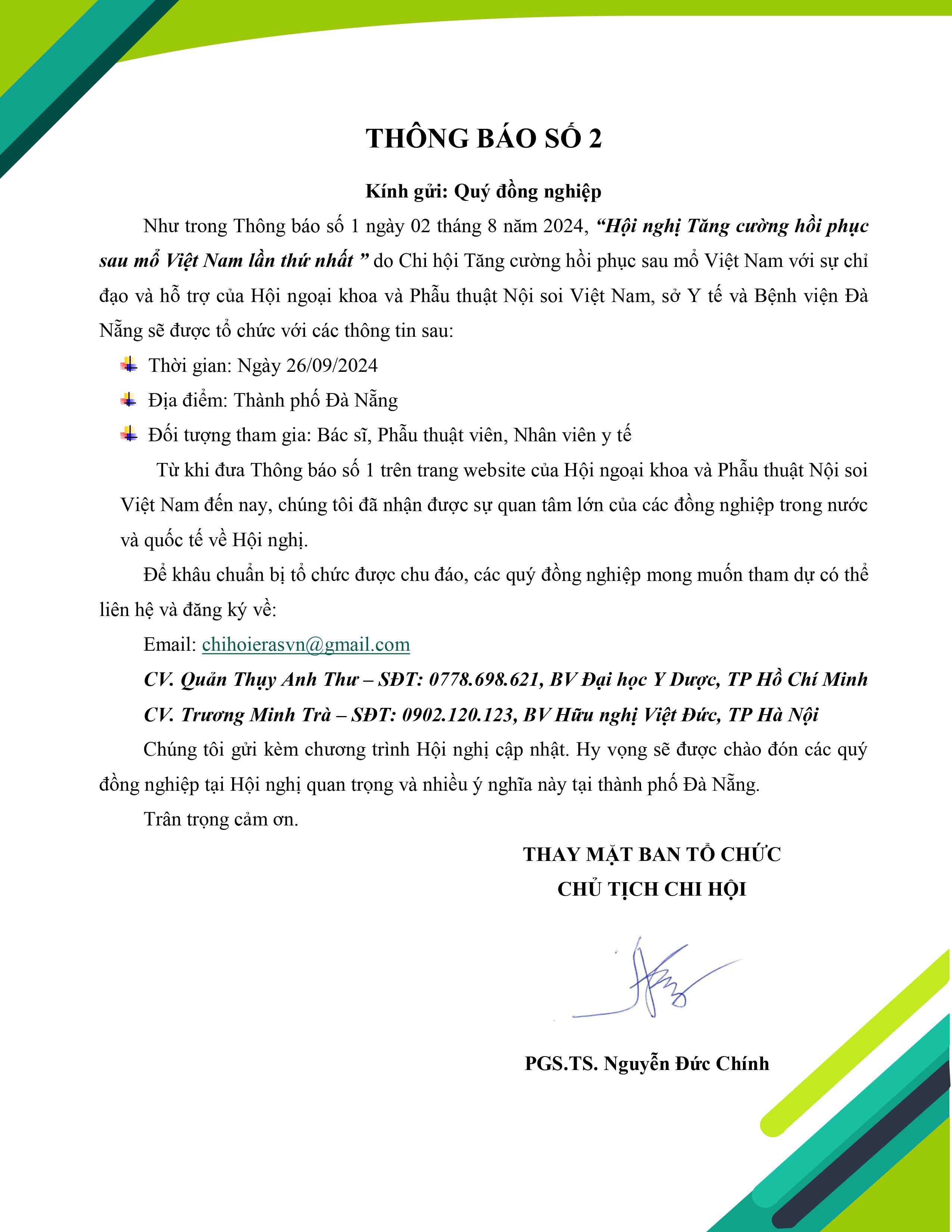 Thông báo số 2 về việc đăng ký tham dự Hội nghị Tăng cường hồi phục sau mổ Việt Nam lần thứ nhất